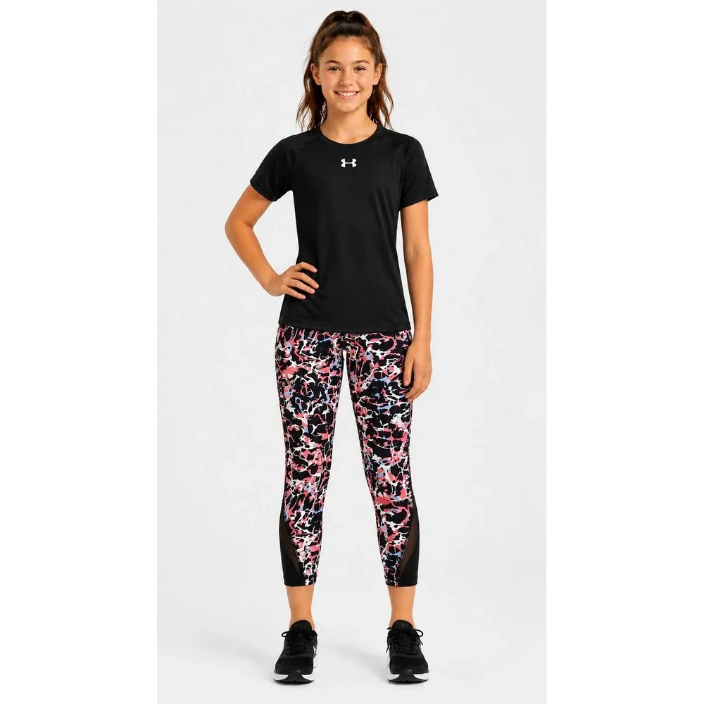 Under Armour Leggings Girls YLG Pink Black Abstract HeatGear Mesh Crop 1362335